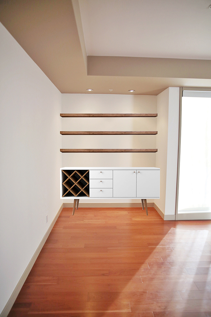 Our Dining Room Bar | A Built-In Look on a Budget | How I created our home bar for less that $1000 | Wayfair All Modern Lemington Wine Rack Sideboard Buffet Table Review | IKEA Lack Shelves to Create a Built in Bar | How to Create a Mockup in Your Design Planning Process | Mockup with Wood Shelves // JustineCelina.com