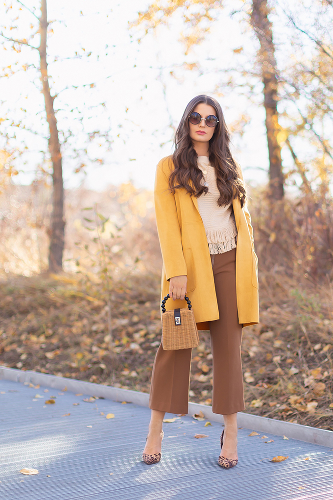 Autumn 2018 Lookbook | How to Style Culottes for the Office | Brown 70βs Style Culottes with Mustard Jacket, Fringe Top, Woven Bag and Leopard Heels | Autumn 2018 Trends | JustineCelina.com