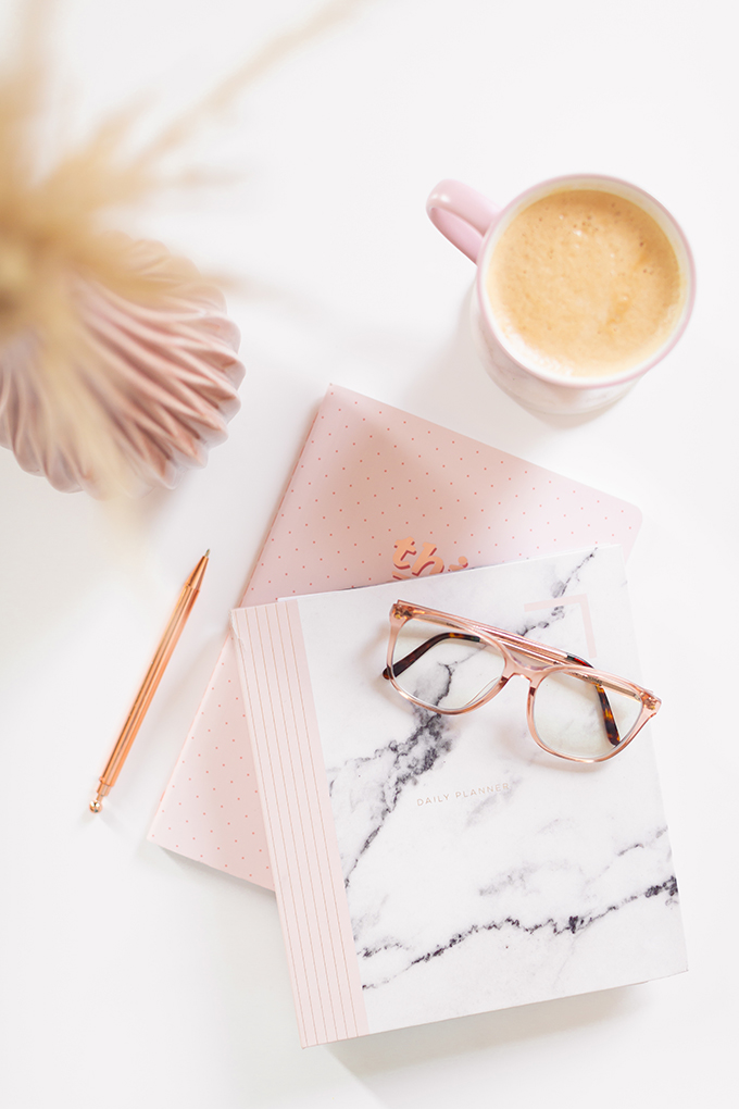 2018 Review + 2019 Goals | Calgary Lifestyle Blogger | 2019 Planning and Goal Setting | Entrepreneur Working from Home | HomeSense Fringe This Girl Can 2019 Agenda | STIL Classics Daily 6 Month Planner | Nespresso Coffee on a White Coffee Table | 2019 Motivational Goals Flatlay | Bonlook Lauren Blue Light Blocking Glasses In Peach // JustineCelina.com
