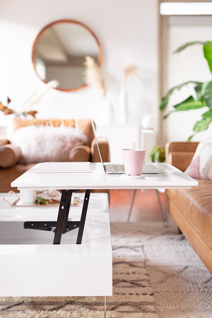 2018 Review + 2019 Goals | Calgary Lifestyle Blogger | 2019 Planning and Goal Setting | Entrepreneur Working from Home | MacBook Pro Laptop | Nespresso Coffee on a White Coffee Table | Structure EVO Coffee Table in White | Bonlook Lauren Blue Light Blocking Glasses In Peach // JustineCelina.com