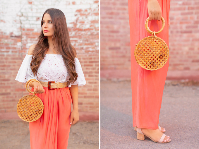 LATE SUMMER 2019 LOOKBOOK | Living in Coral: How wear Pantoneβs 2019 Colour of the Year, Living Coral for Summer / Autumn 2019 l Summer/Fall 2019 Casual Outfit Ideas | How to Style Palazzo Pants for Summer / Fall 2019 | Brunette woman wearing Coral Palazzo Pants, a white Broderie Anglaise off-the-shoulder top, a bamboo bracelet bag and a woven tortoise buckle belt | Top Summer to Fall 2019 Transitional Trends and how to wear them | Calgary Fashion Blogger // JustineCelina.com