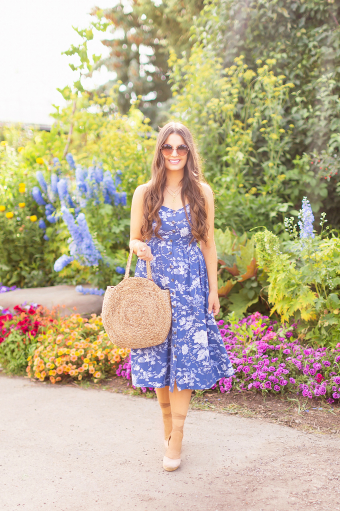 LATE SUMMER 2019 LOOKBOOK | True Blue: My Go-To Outfit Formula for Casual Weekends | Summer/Fall 2019 Casual Weekend Outfit Ideas | What to Wear to the Farmerβs Market | Brunette woman wearing a Coral, Button-Down Linen Dress, A Straw Hat, Oversized Round Sunglasses and a Vintage Oversized Woven Tote | Top Summer to Fall 2019 Transitional Trends and how to wear them | Saskatoon Farm, Calgary Alberta | Calgary Fashion Blogger // JustineCelina.com