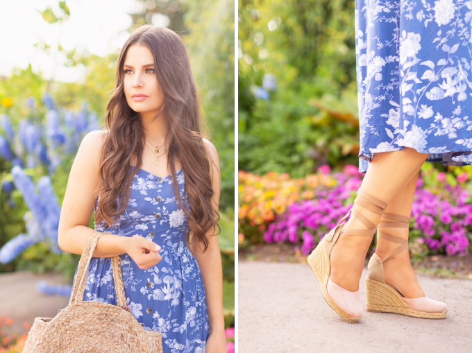 LATE SUMMER 2019 LOOKBOOK | True Blue: My Go-To Outfit Formula for Casual Weekends | Summer/Fall 2019 Casual Weekend Outfit Ideas | What to Wear to the Farmerβs Market | Brunette woman wearing a Coral, Button-Down Linen Dress, A Straw Hat, Oversized Round Sunglasses and a Vintage Oversized Woven Tote | Top Summer to Fall 2019 Transitional Trends and how to wear them | Saskatoon Farm, Calgary Alberta | Calgary Fashion Blogger // JustineCelina.com