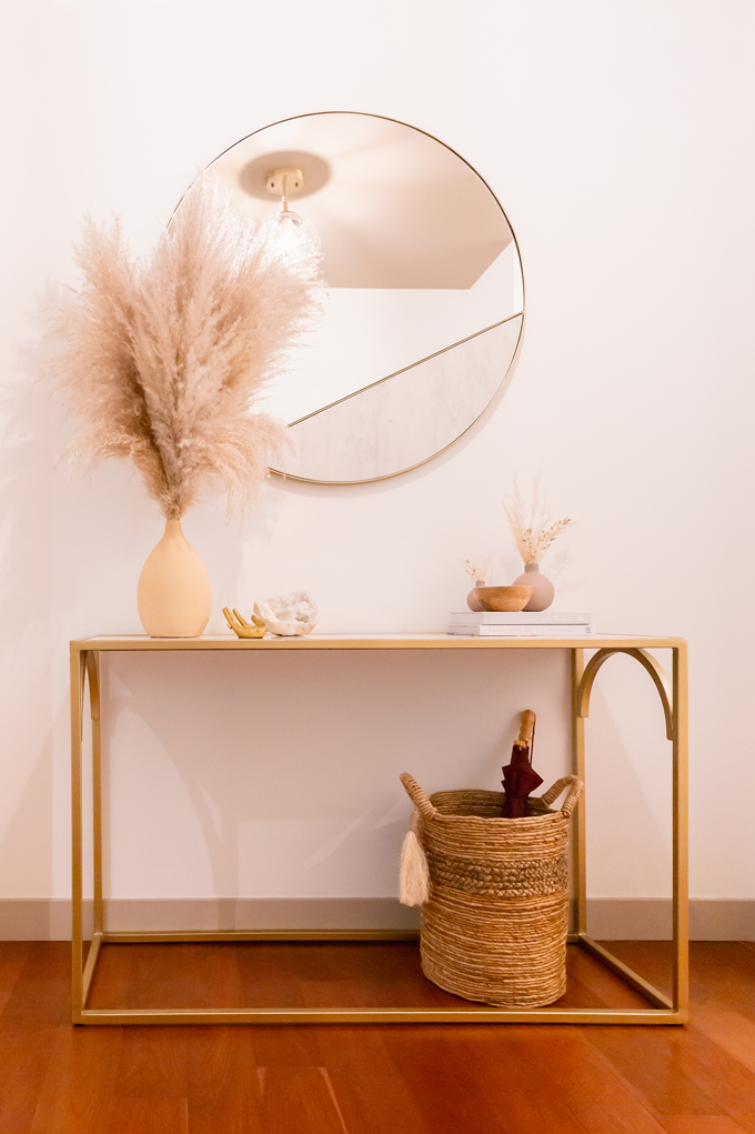 Space Refresh: Entrance Way Reveal in Partnership with Mobilia Canada | A Bohemian, Mid-Century Modern Apartment Entrance Way | Justine Celina Maguireβs Home | 2019 Home Decor Trends | Behr Ultra Pure White | Mobilia Aly Velji Modern India Collection Review | Bohemian, Mid Century Modern Decor | Before and After Transformation | Calgary Lifestyle, Interior Design and Home Decor Blogger // JustineCelina.com