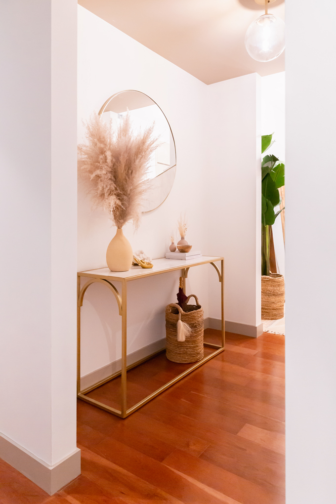 Space Refresh: Entrance Way Reveal in Partnership with Mobilia Canada | A Bohemian, Mid-Century Modern Apartment Entrance Way | Justine Celina Maguireβs Home | 2019 Home Decor Trends | Behr Ultra Pure White | Mobilia Aly Velji Modern India Collection Review | Bohemian, Mid Century Modern Decor | Before and After Transformation | Calgary Lifestyle, Interior Design and Home Decor Blogger // JustineCelina.com