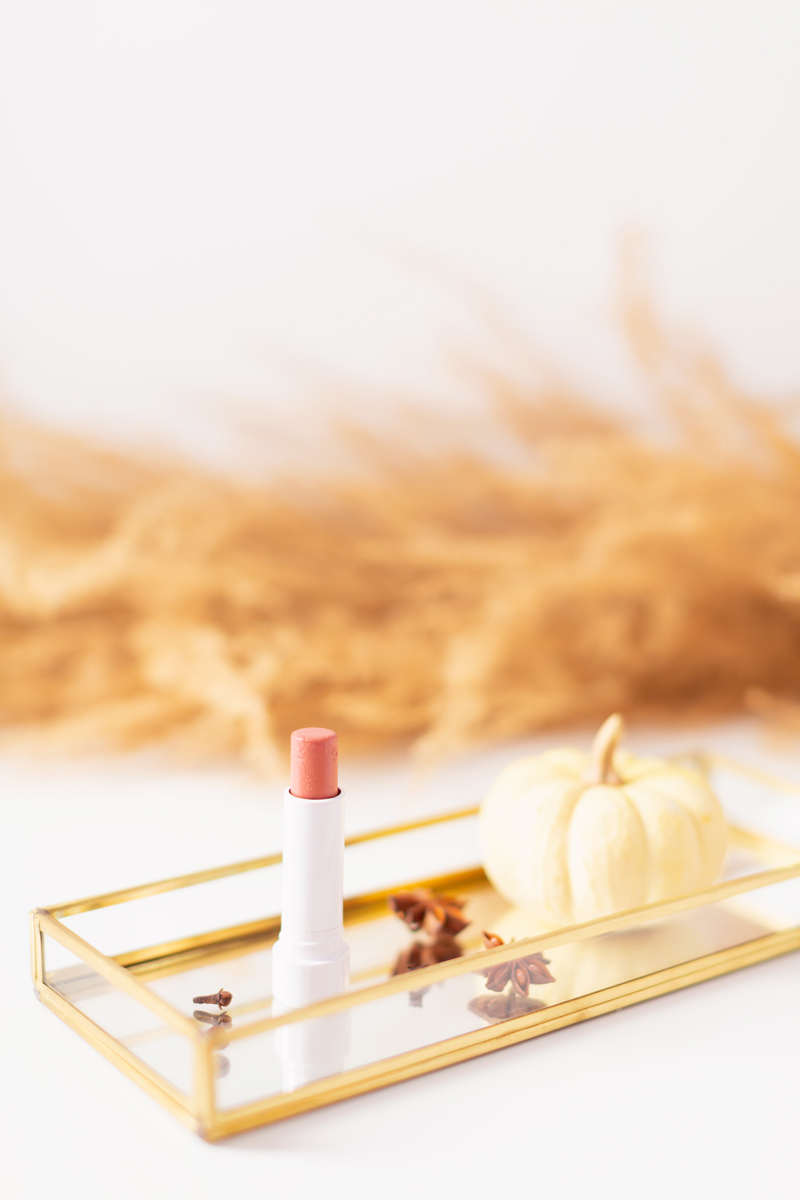 My Top 5 Pumpkin Spice Lipsticks | JustineCelinaβs favourite fall lipsticks | The Best Pumpkin Spice Lipsticks for Fall | Fall 2020 Lipstick Trends | Physicians Formula Organic Wear Tinted Lip Treatment in Gingersnap Photos, Review, Swatches | Light / Medium Skintone | The Best Drugstore Fall Lipsticks | The Best Pumpkin Spice Lipsticks for Fall | Lipstick on a Mirrored Tray with spices, a white mini pumpkin and pampas grass in the background | Calgary Beauty Blogger // JustineCelina.com