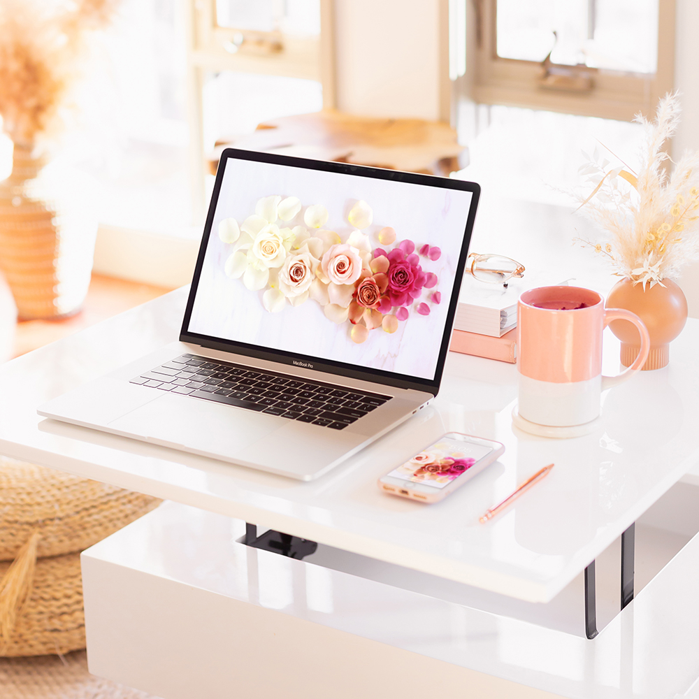 Access JustineCelinaβs Complete DIGITAL BLOOMS archives for 100βs of FREE floral tech wallpapers! | Feminine WFH set up with a MacBook Pro featuring JustineCelinaβs ombre rose wallpapers, a blush pink marble journal and planner, a pampas grass arrangement, latte and blue light glasses in a bright and sunny bohemian Living Room | Female Entrepreneur Digital Wallpapers | The Best of JustineCelinaβs February Digital Blooms | Calgary Creative Lifestyle Blogger // JustineCelina.com