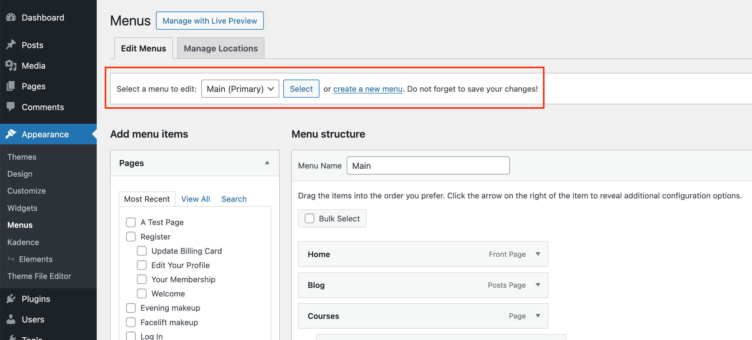 WordPress - select a menu to edit or create a new one