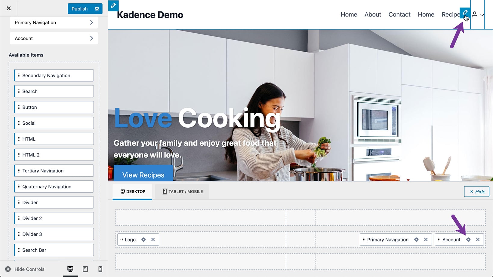 Settings for Account header item