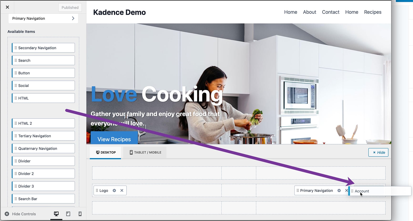 Dragging Account item in the Header Builder