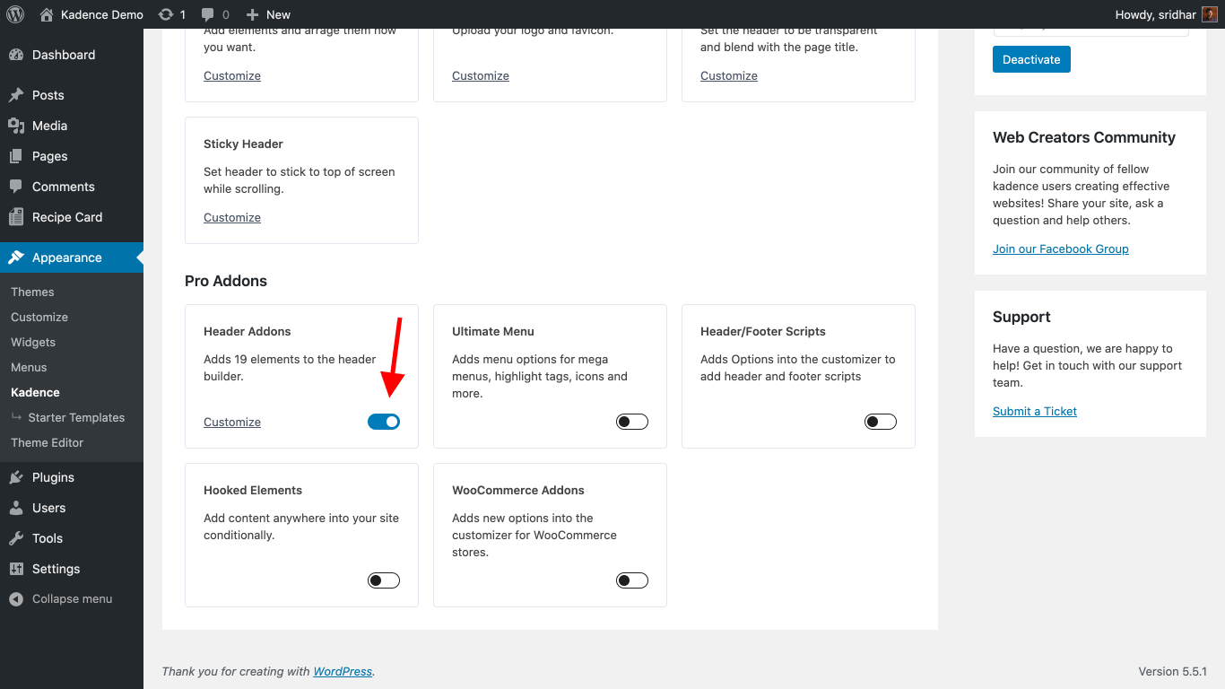 Enabling Header Addons in Kadence Pro