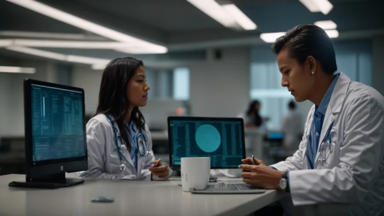 a doctor converses with a patient while a computer screen in the background displays an ai interface actively processing and documenting their discussion.