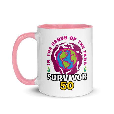 White and pink mug with "IN THE HANDS OF THE FANS" around an Earth held by hands, and "SURVIVOR 50" below.