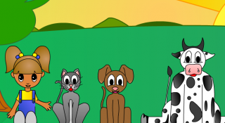 Music tile screenshot, with a little girl, cat, dog, and cow Music tile screenshot, with a little girl, cat, dog, and cow