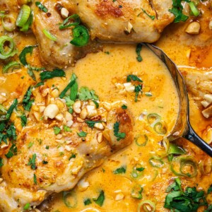 Golden-brown chicken breasts in a creamy peanut sauce evoke the flavors of Coconut Lime Chicken, garnished with chopped peanuts, green onions, and cilantro. A spoon rests in the sauce, highlighting its rich color and inviting texture.