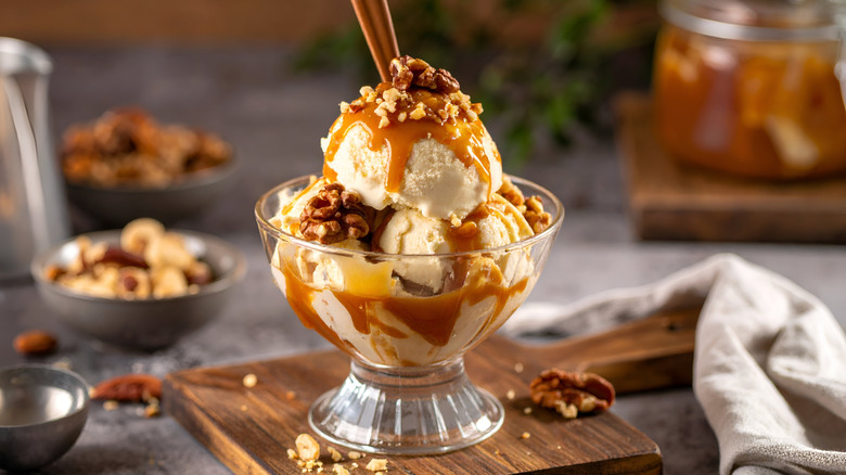 caramel on sundae with nuts