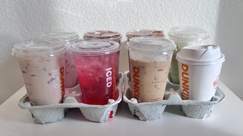 Various Dunkin Valentine's Day drinks on a table