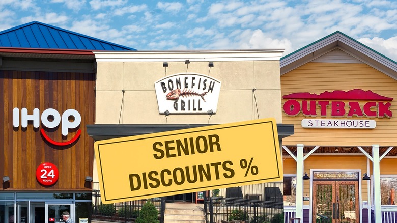 Senior discounts sign in front of three chain restaurant exteriors under a blue cloudy sky