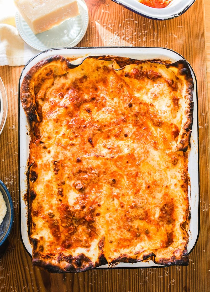 Classic lasagna Bolognese with béchamel sauce in a large baking pan.