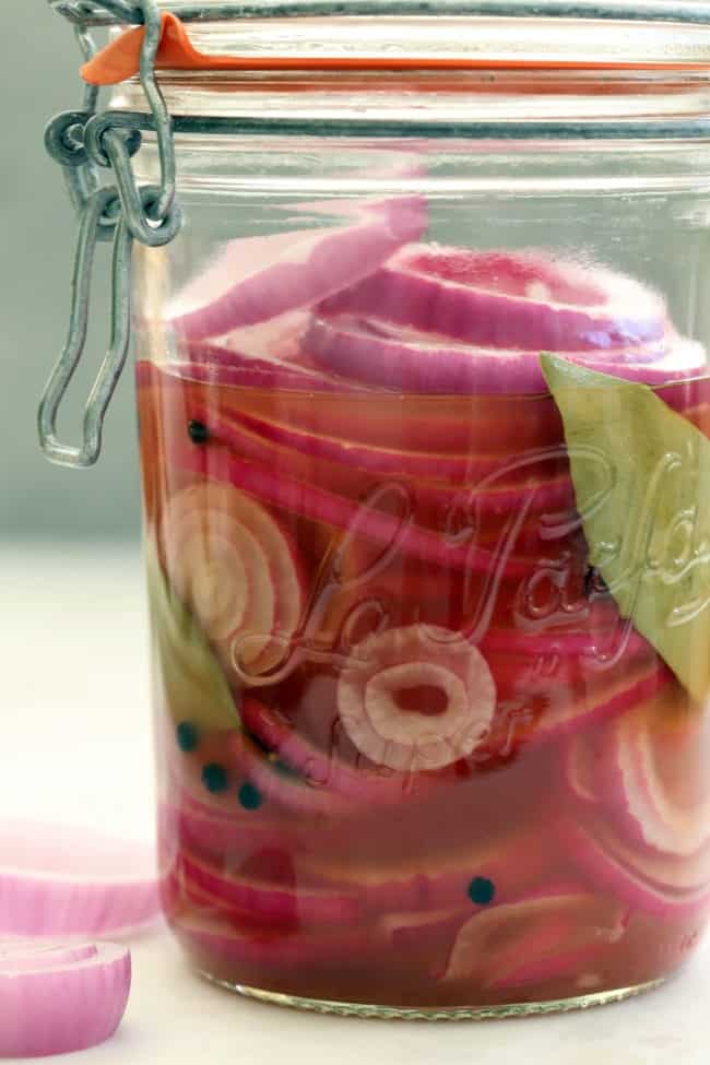 Pickled Red Onions Pickled Red onions in a mason jar.