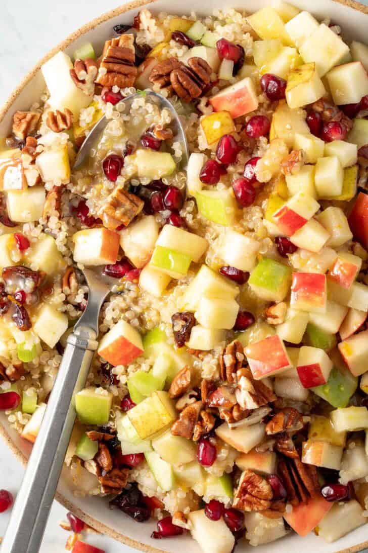 Fall Cranberry Salad Fall quinoa salad with apples and cranberries in a bowl.