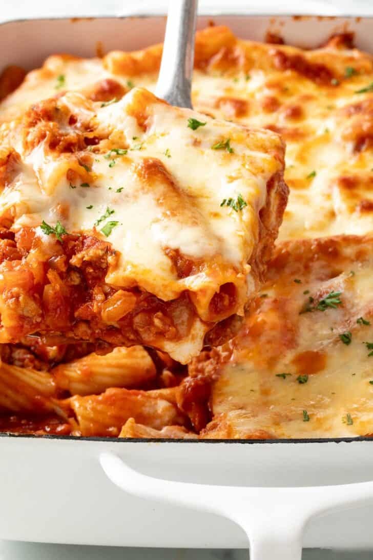 Baked Rigatoni with Ricotta Baked Rigatoni with Ricotta in a white baking dish.