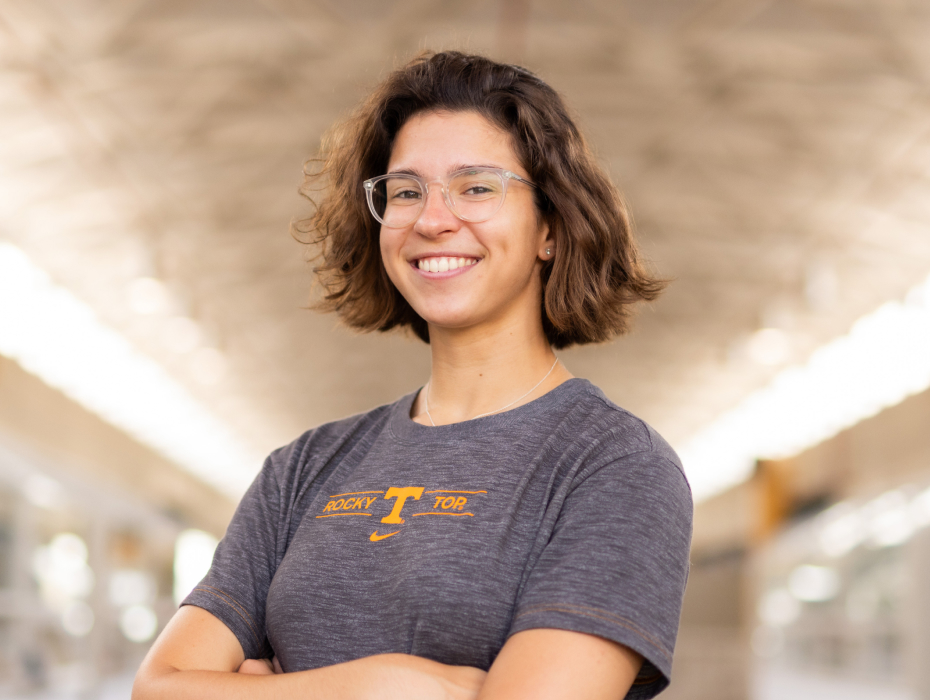 A portrait of Lady Vol swimmer Margaret Marando, a landscape architecture major, in the Art and Architecture Building