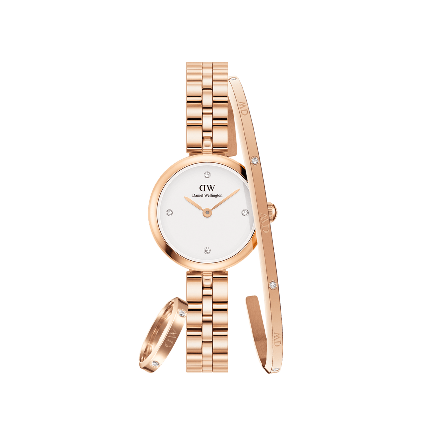 Rose gold Daniel Wellington watch with a white dial and crystal hour markers, paired with a matching rose gold bracelet and ring, both featuring delicate crystal accents for a coordinated, elegant jewellery set.