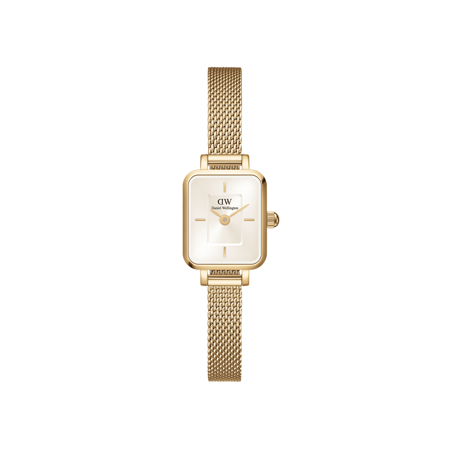 Quadro Mini Evergold Champagne gold watch with a petite rectangular case, champagne sunray dial, and an elegant gold mesh strap, designed for women seeking a refined and comfortable everyday accessory.