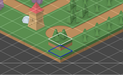 The Scene view with the brush preview and the blue and white outlines in context.