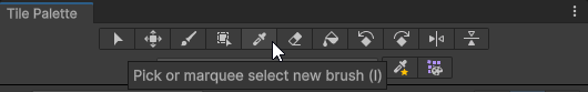 The Tile Palette window with the mouse cursor over the Pick tool button.