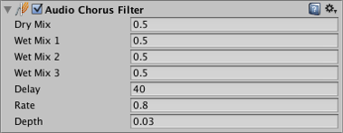 The AudioGroup Inspector displays the configurable properties of an Audio Chorus Filter.
