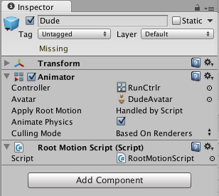 The Animator component with the Apply Root Motion property set to Handled by Script.