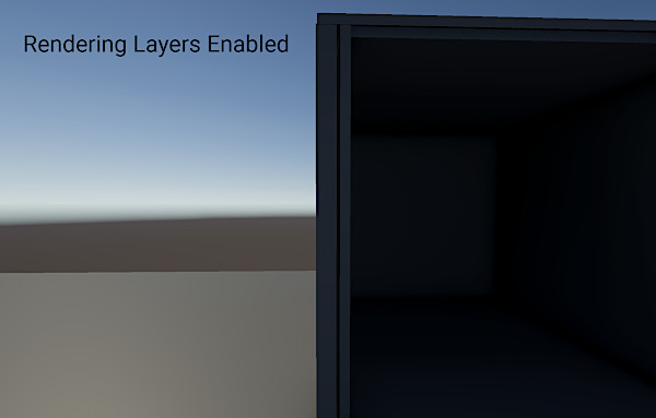 A dark, unlit interior of a box on the right and a simple gradient sky and ground on the left. Adaptive Probe Volumes use rendering layers, and light doesnt leak. Interior and exterior surfaces now prioritize sampling probes from the same Rendering Layer.