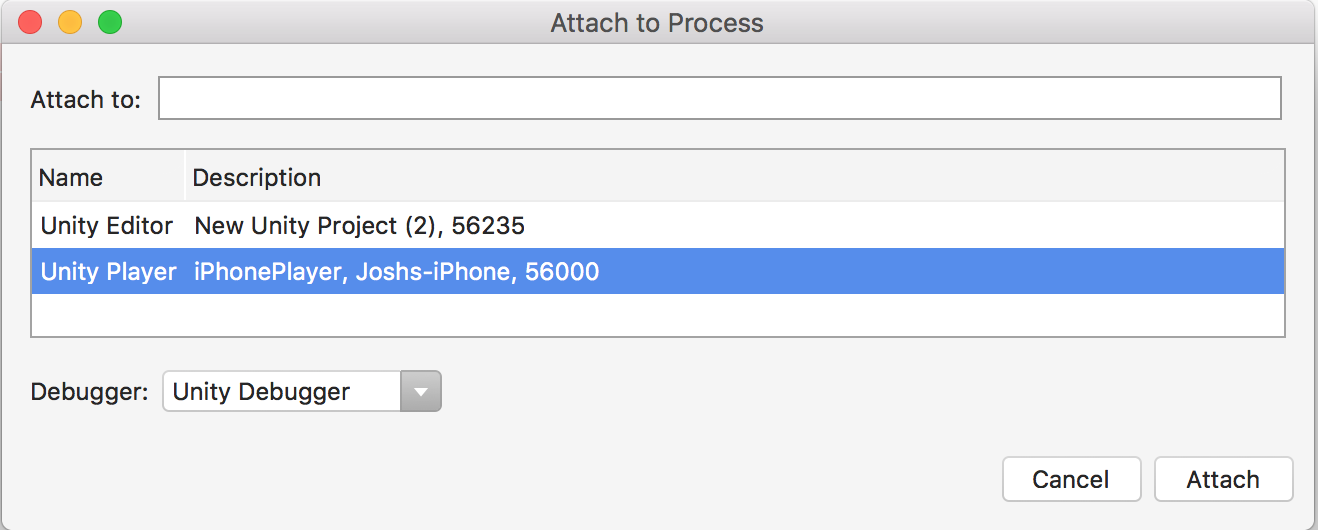 Visual Studio for Macs Attach Unity Debugger interface displays a list of running Unity processes that the debugger can attach to.