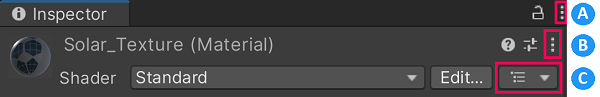 The top of the Material Inspector window, with the controls down the righthand side labelled A, B, and C.