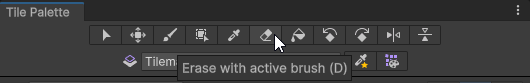 The Tile Palette window with the mouse cursor over the Eraser tool button.