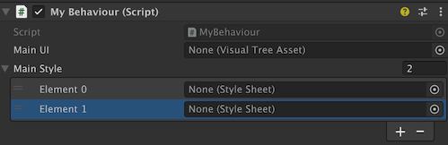 The Inspector window shows a single reference picker and a list of style sheets (the list is empty)