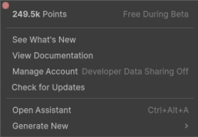 AI window displaying the points available