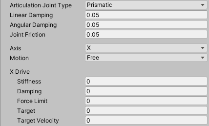 Prismatic joint additional properties in the Inspector.