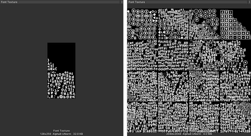 Source fonts and atlases can increase the build size: On the left is an atlas with ASCII characters and on the right is an atlas of a complete Unicode character set.