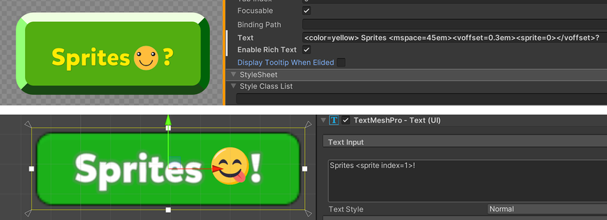 Add a Sprite Asset to a text field in UI Toolkit using rich text tags: Make sure that the Enable Rich Text option is checked (top).