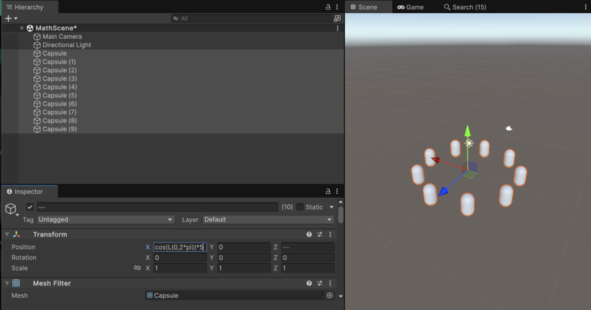 This circle was created by using cos(L(0,2*pi))*5 for X and sin(L(0,2*pi))*5 for Z.