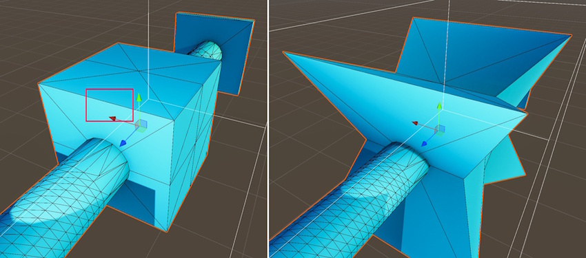 Left: LOD1 generated with Mesh LOD, some vertices on edges are missing, the undeformed shape is identical to the original. Right: the deformed shape has artifacts.