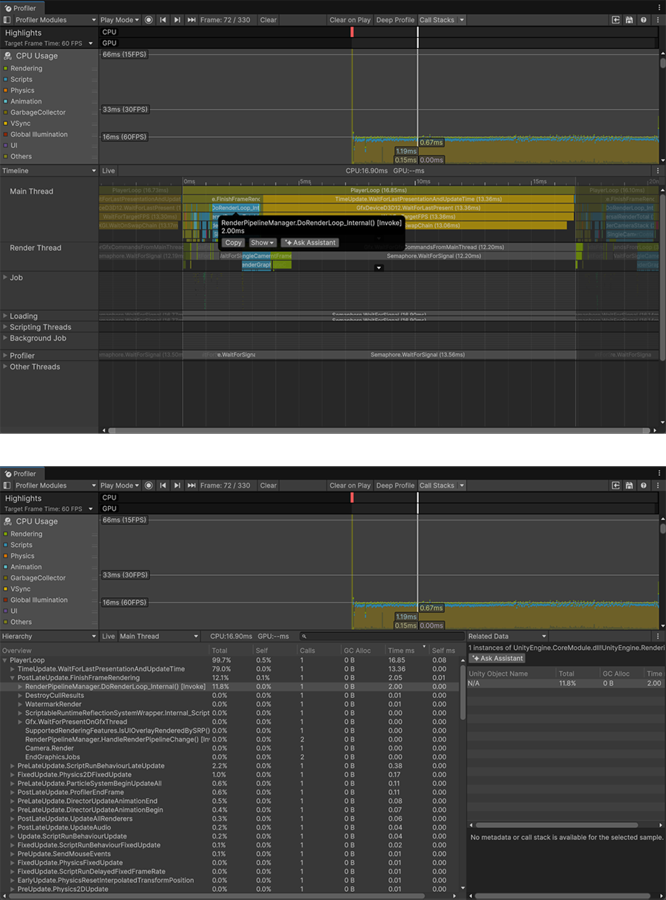 Profiler window in Timeline view with GC.Alloc sample selected (top), and with the same sample selected in Hierarchy view.