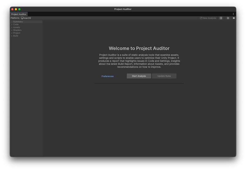 Project Auditor welcome screen