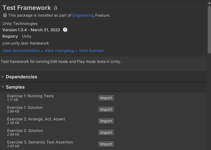 The Package Manager window with the expanded list of package samples available for import.