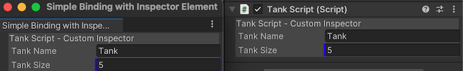 Displays a Unity Editor window and Inspector with a custom field to change the name of a GameObject, and another field to adjust its size.