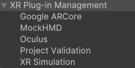 The XR Plug-in Management menu items.