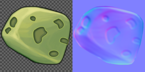 A sprite texture of a rock, and its normal map with the same position and alignment.